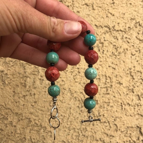 Sterling Silver Red Coral And Stabilized Turquoise Bead Toggle Bracelet - Picture 6 of 7